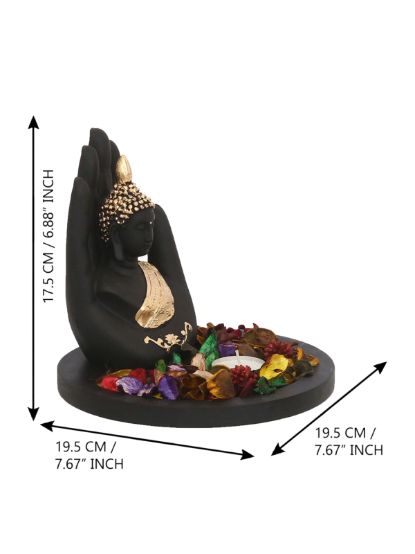 eCraftIndia Black & Gold-Toned Handcrafted Palm Buddha Showpiece With Fragrant Petals and Tealight