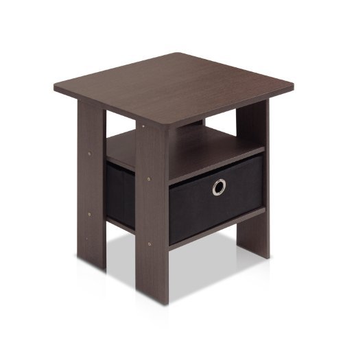 Furinno End Table Bedroom Night Stand w/Bin Drawer, Dark Brown/Black