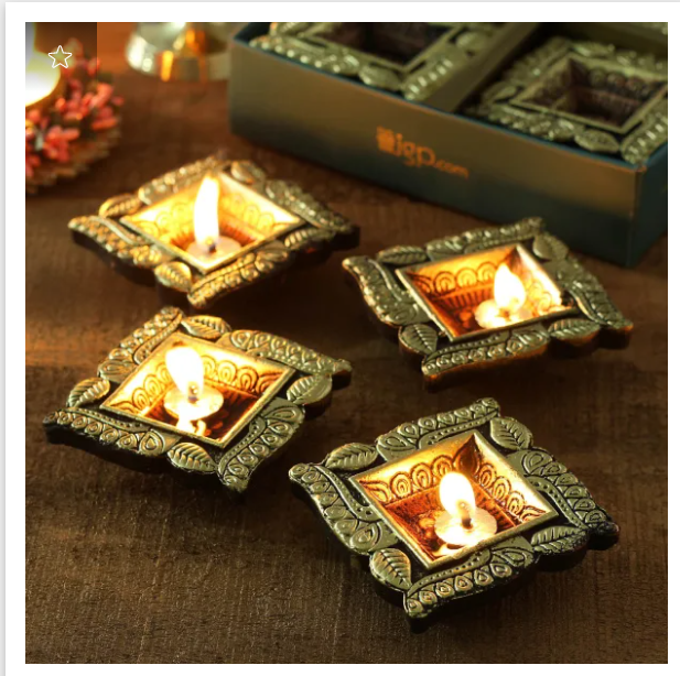 Square Clay Diyas in Oxidized Metallic Paint- Set of 4