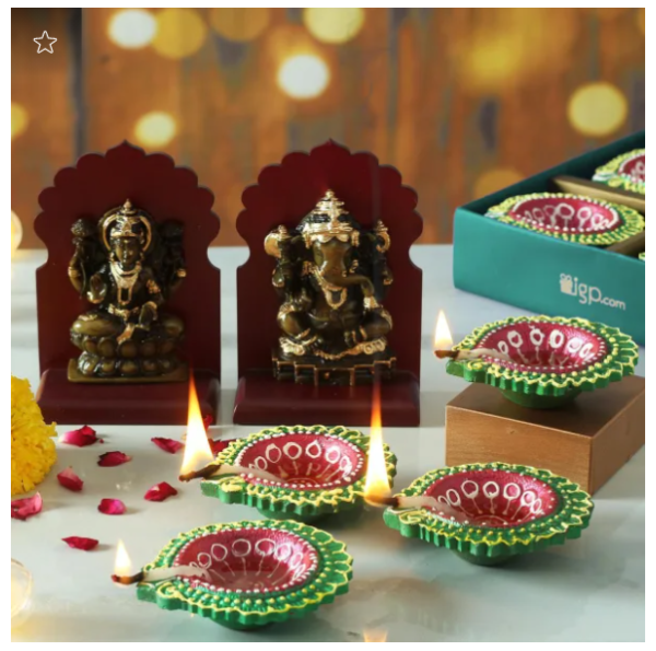 Set of 4 Clay Diya with Maa Laxmi & Lord Ganesha Idols