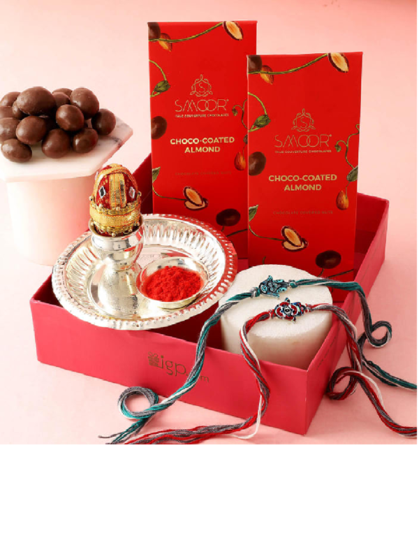 Hamsa Set of 2 Rakhi with Chocolates and Pooja Thali