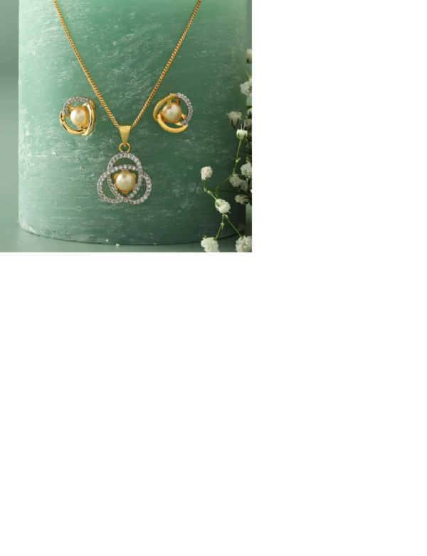 Golden Pearl and CZ Pendant and Earrings Set